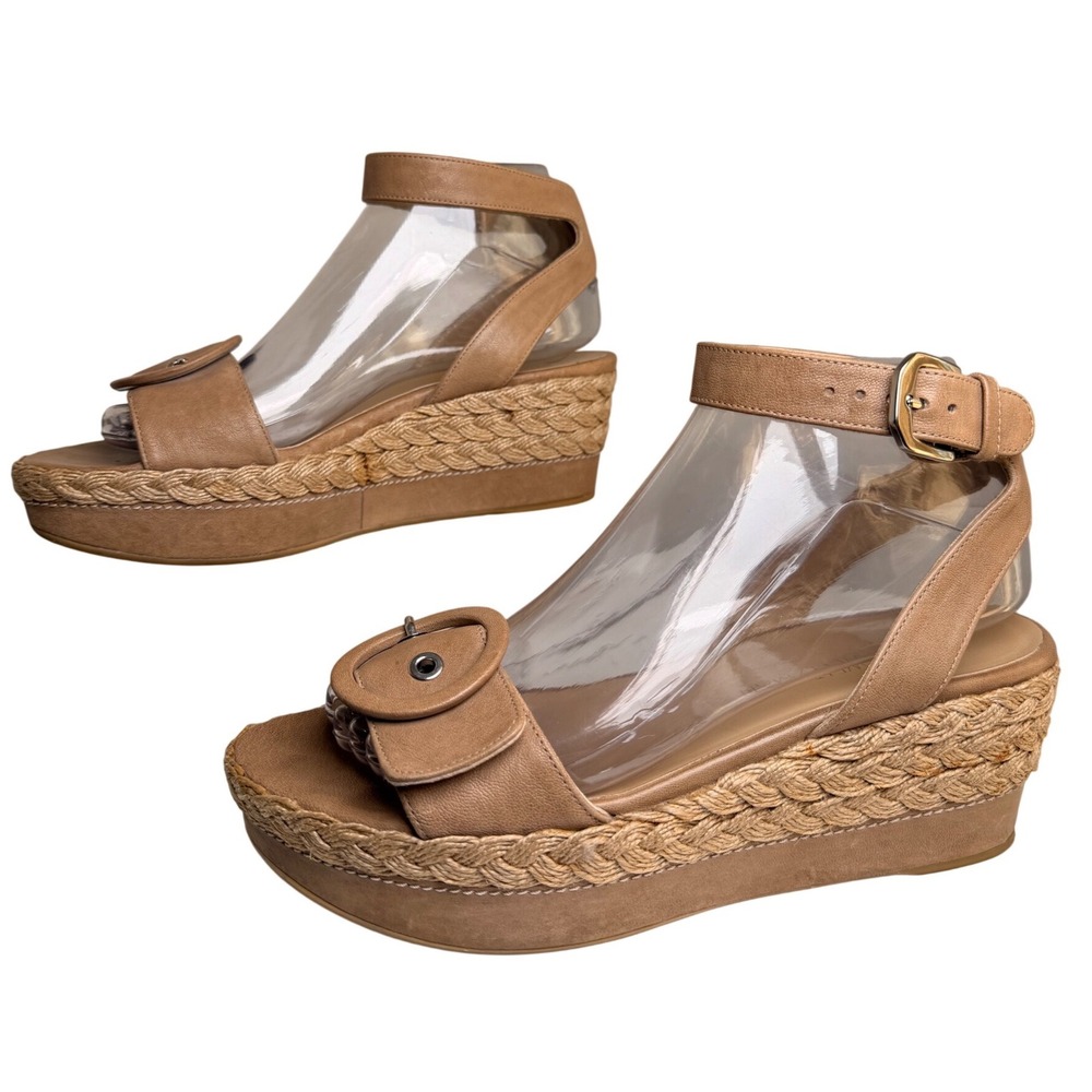 Stuart Weitzman Leather Espadrille Wedge Sandals Tan Ankle Strap Spain 7.5 - Picture 3 of 14